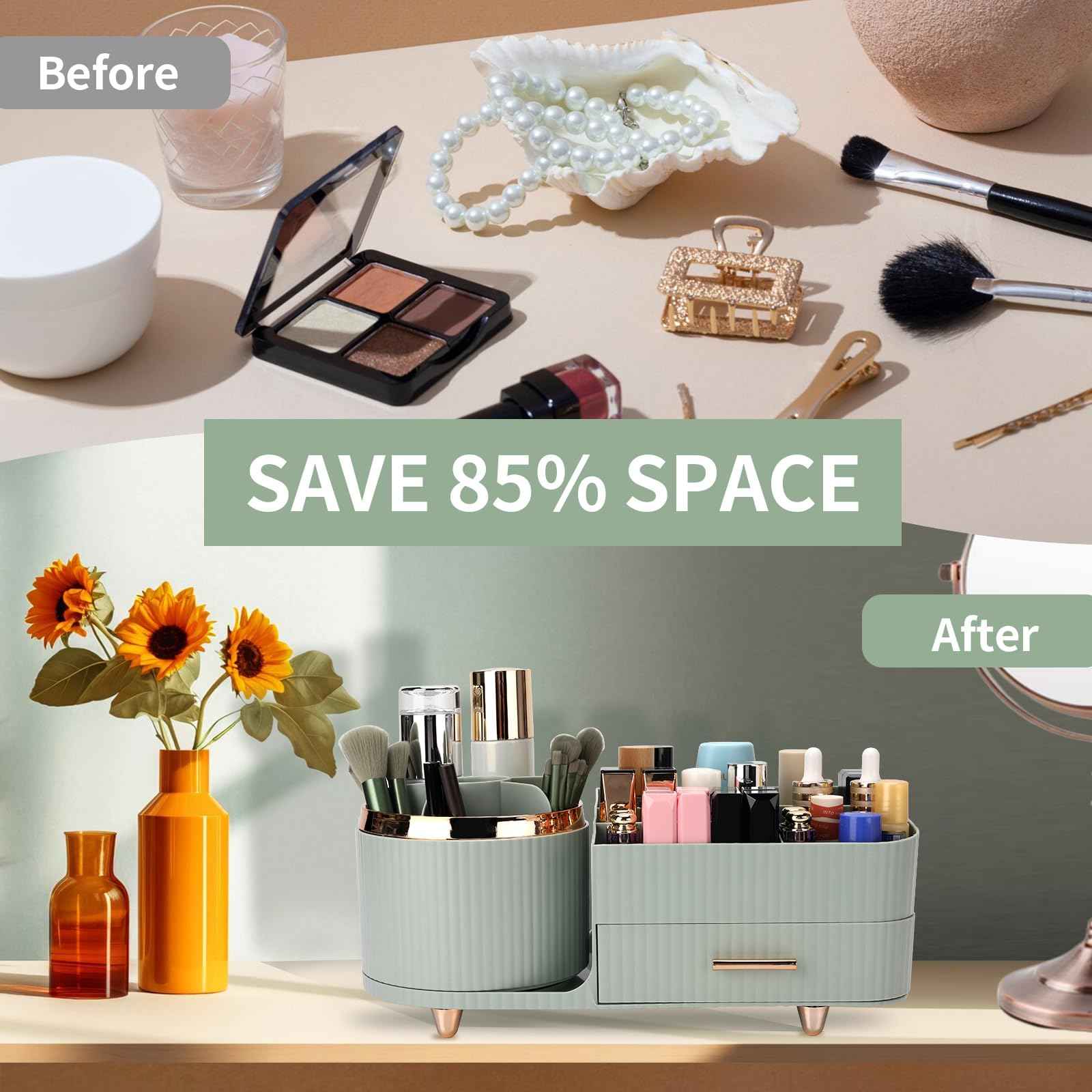 Beborxue 360° Rotating Makeup Organizer for Vanity with Drawers, Large Capacity Cosmetic Display Case, skincare organizer, Cosmetic Organizer for Lipstick, Skincare, Brushes, Eyeshadow, (Green)