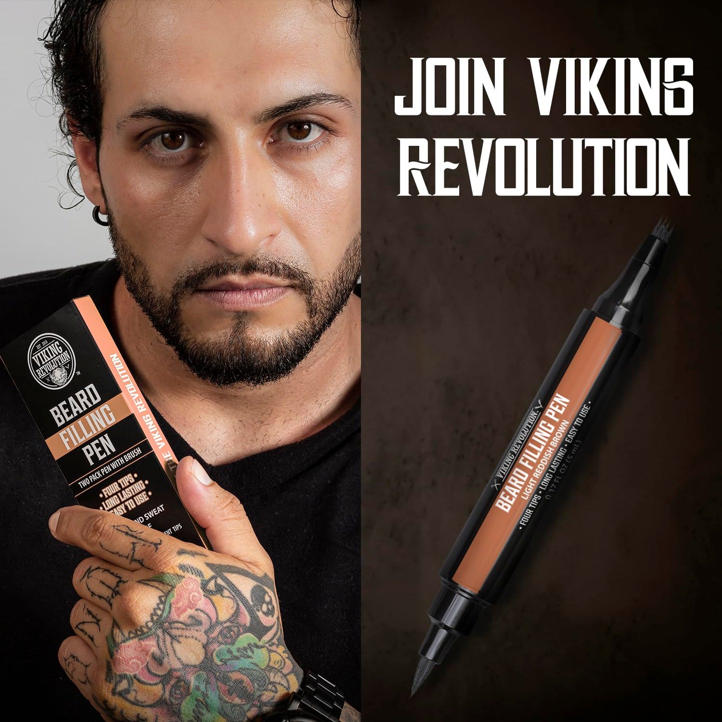 Viking Revolution Beard Pen (2 Pack) - Light Reddish Brown Beard Pencil Filler for Men - Beard Filler for Men Waterproof Beard Filling Pen Kit - Long Lasting Beard Filler Pen with Brush