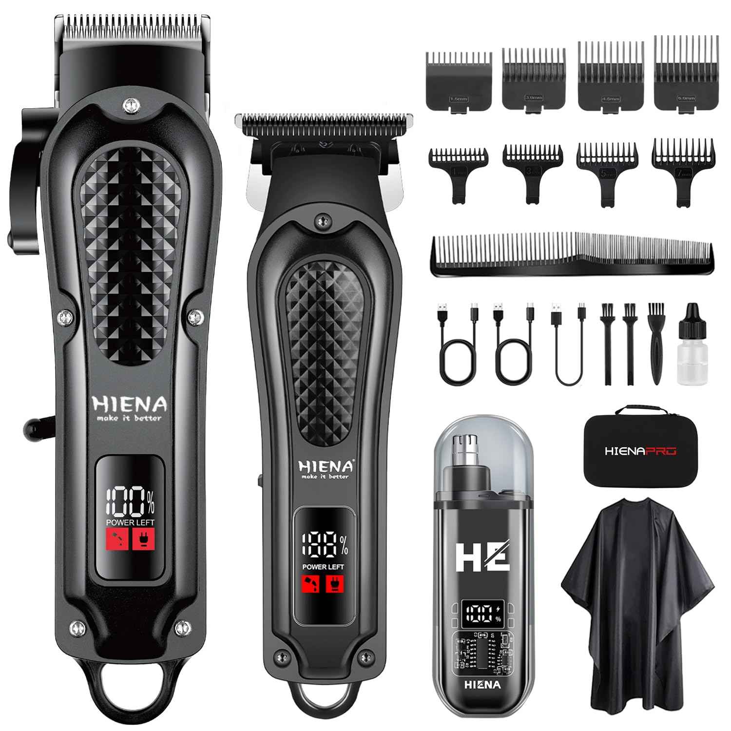 HIENA PRO Professional Cordless Hair Clippers for Men, Beard Trimmer & Nose Hair Trimmer Set, Rechargeable Electric Barber Hair Cutting Grooming Kit