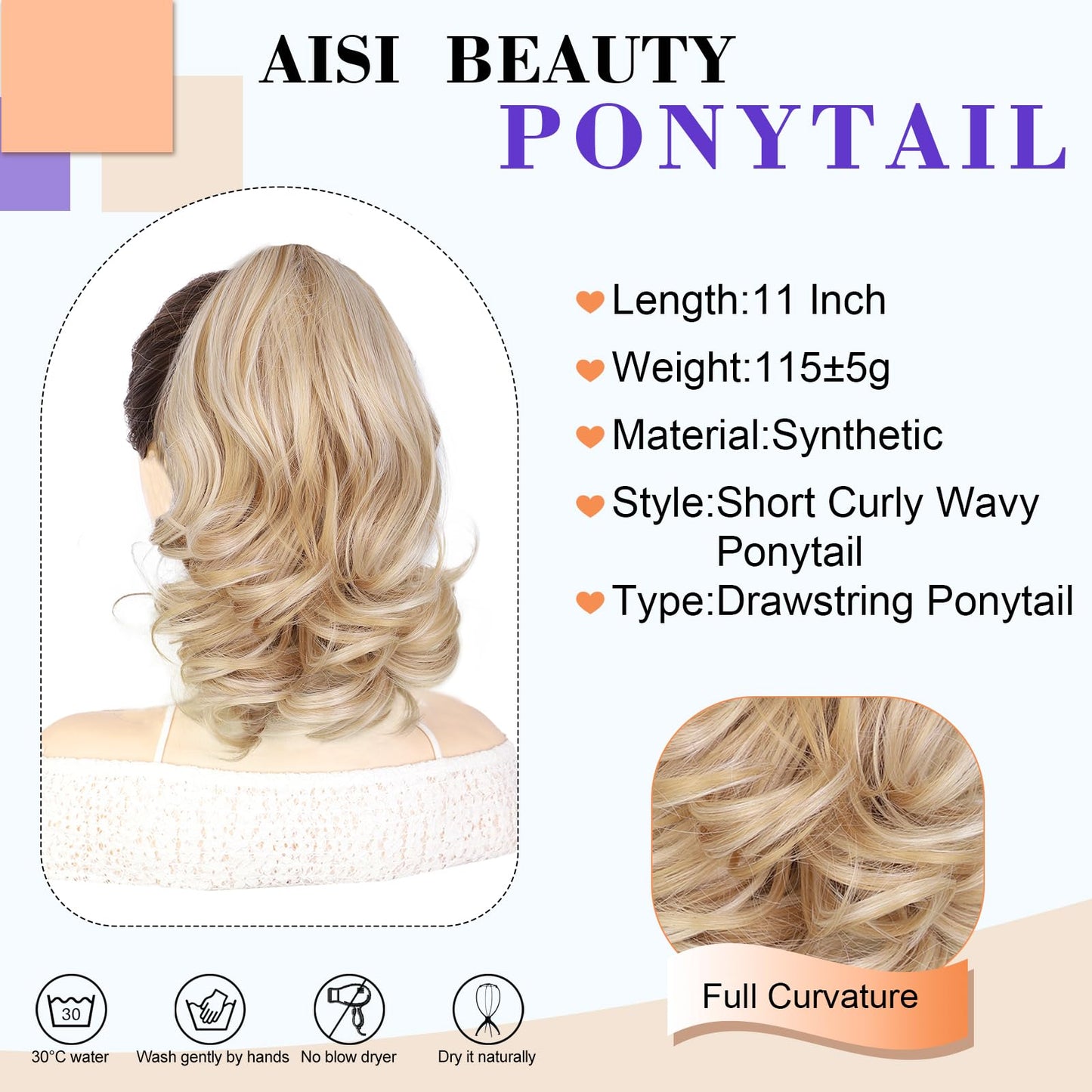 AISI BEAUTY Ponytail Extension Short Curly Wavy Drawstring Ponytail for Women Synthetic Pony Tail Hair Extensions(11 Inches,Medium Blonde Mix Reddish Blonde)