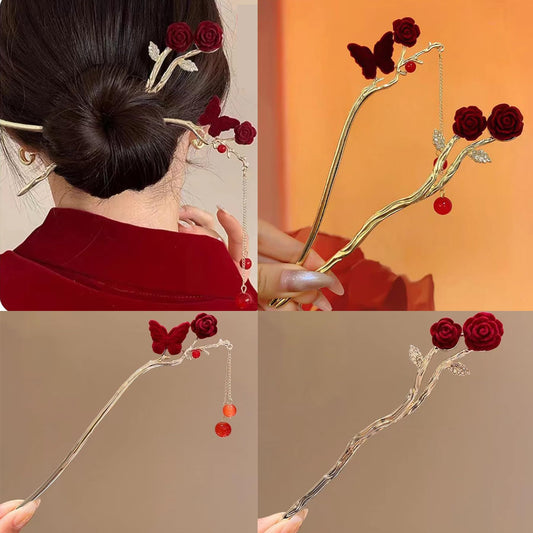 2 Pieces Metal Hairpin Rose Flower Hair Chopsticks Butterfly Hair Stick Handmade Classic Hair Pins for Women Girls-040