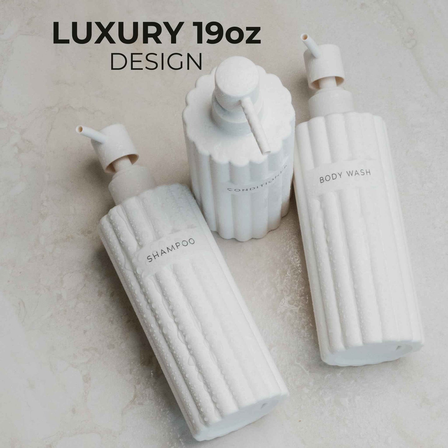 Stylish Shampoo and Conditioner Dispenser Set of 3 - Modern 19oz Shower Soap Bottles with Pump and Labels - Easy to Refill Body Wash Dispensers for an Instant Bathroom Decor Upgrade