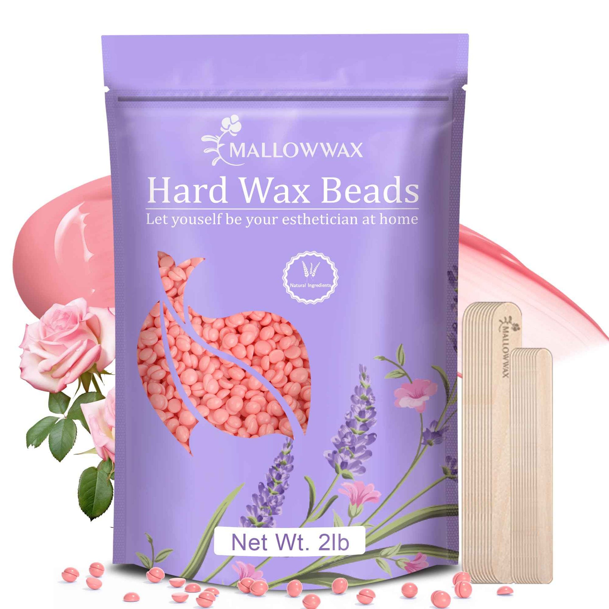 Mallowwax Hard Wax Beads for Hair Removal, 2LB – Premium Hair Removal Wax Refill for Sensitive Skin with Rose Formula, Ideal for Facial and Brazilian Areas