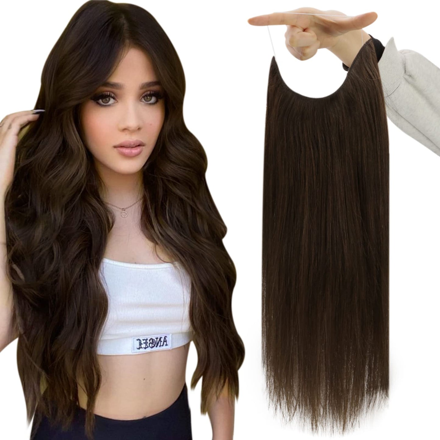 Fshine Human Hair Wire Hair Extensions Dark Brown 14 Inch 70g Straight Brunette Real Hair Extensions Wire Hair Extensions with Invisible Fish Line Straight Natural Hairpiece