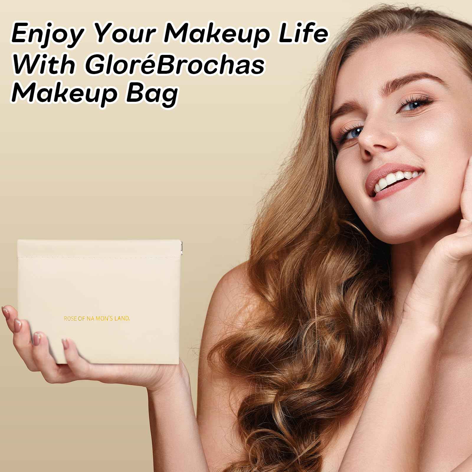 Makeup Bag for Purse:GloréBrochas PU Leather Makeup Pouch Set Large & Small Portable Cosmetic Bags, Waterproof Squeeze Top Coin Purse,Travel Organizer for Makeup,Lipstick, Jewelry,Earbuds(White)