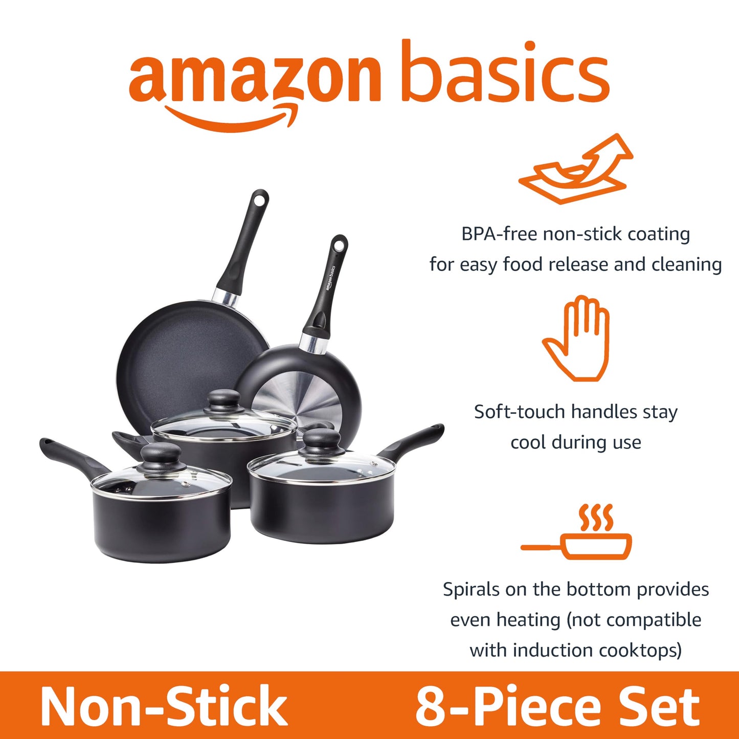 Amazon Basics Non-Stick Cookware 8-Piece Set, Pots and Pans, Black