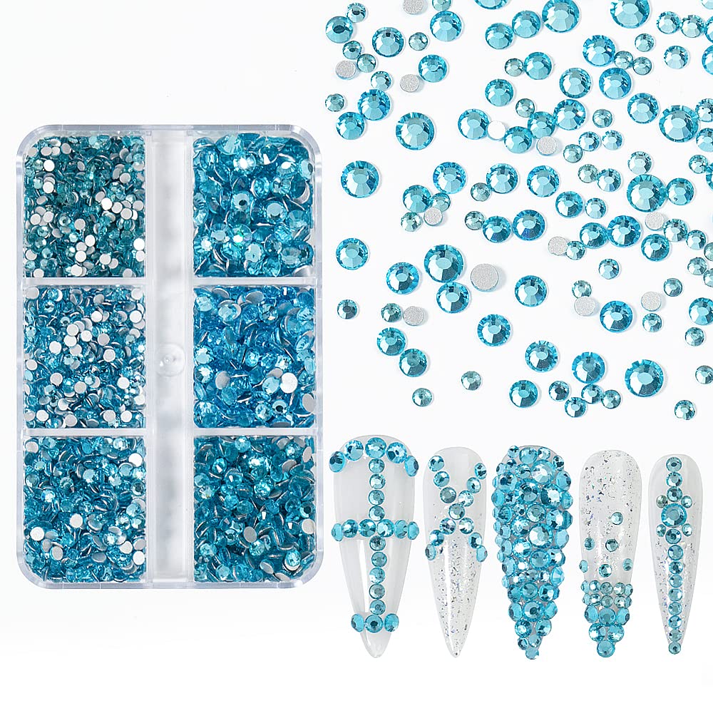 6Grids 3000Pcs Clear Flatback Rhinestones , Lake Blue Nail Gems Crystals Jewels, Craft Glass Diamonds Stones Bling Rhinestone with Tweezers and Picking Pen For Nail Face Makeup(1.8mm~4mm Crystal)