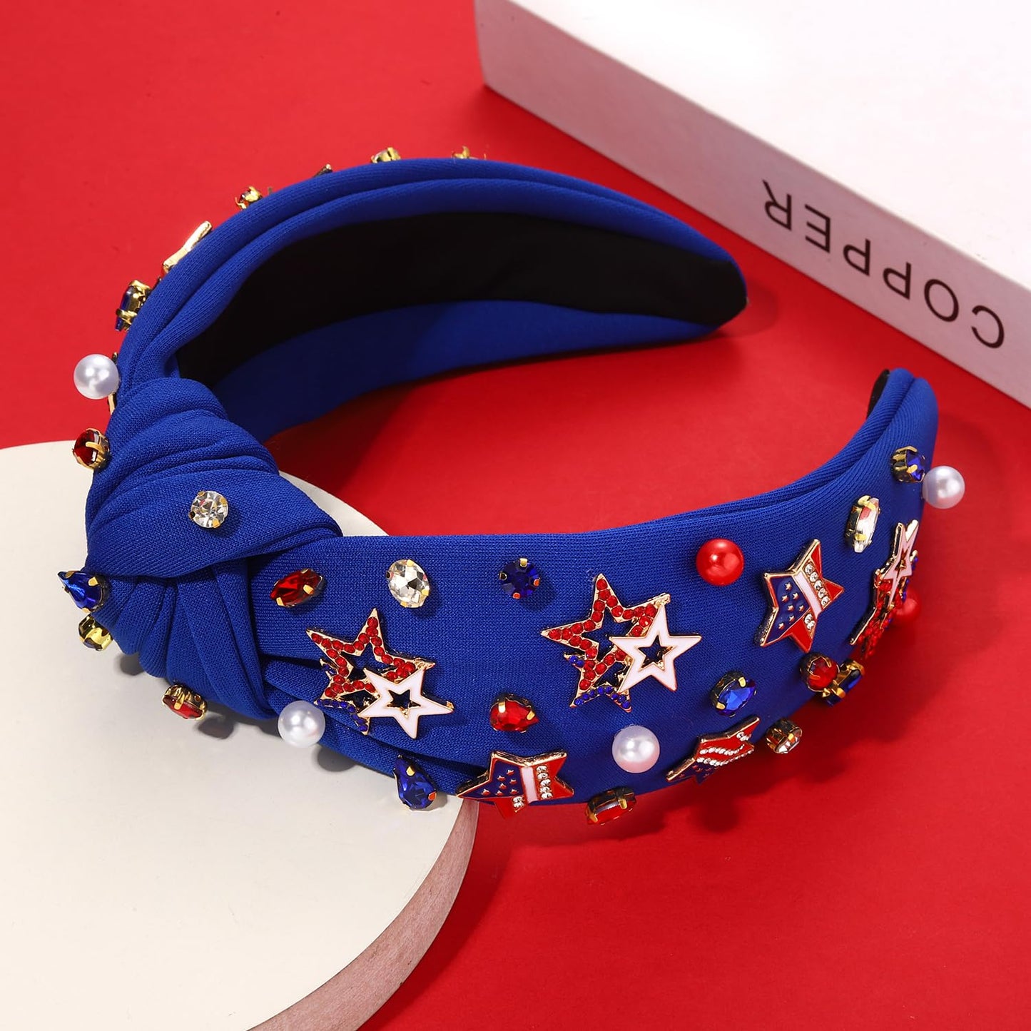 NVENF Rhinestone Pearl Jeweled Headbands, American Flag Star Headband, 4th of July Accessories Outfits for Women, Holiday Gifts (Star D-Blue, Fabric, Crystal, Cotton, Hairband, Women, 1 Count, 1 PCS)