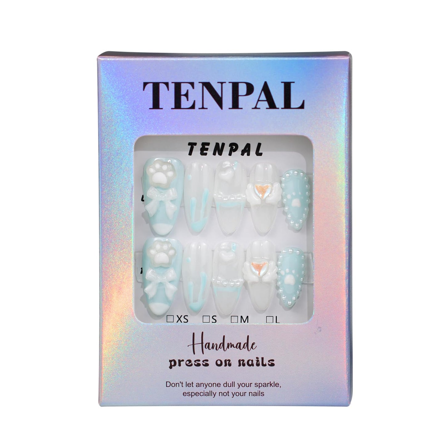 TENPAL Sky Blue Cute Press on Nails Almond Full Cover Fake Nails With 3D Charms Bow Pearls Love Designs Short Almond Nails 10pcs/Box Handmade Sweet Cool Nails Press ons For Women Girls(S)