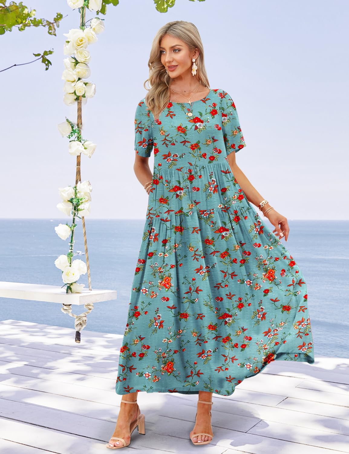 YESNO Women Casual Loose Bohemian Floral Dress with Pockets Short Sleeve Long Maxi Summer Beach Swing Dress S EJF CR14