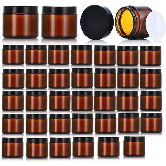 Zentriqlla 36 Pack 1oz Amber Glass Jars with Black Lids, Small Round Cosmetic Jars with with Inner Liners, Glass Containers for Homemade Creams, Candle, Skincare, Lotion, Travel