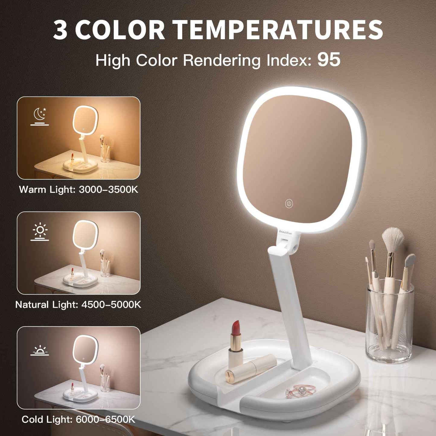 Beautifive 6.3'' Makeup Mirror with Magnification, 1X/8X Magnifying Vanity Mirror with 3 Light Modes, Rechargeable Double-Sided Lighted Desk Mirror, Adjustable Height with Stand Home Mirror for Women