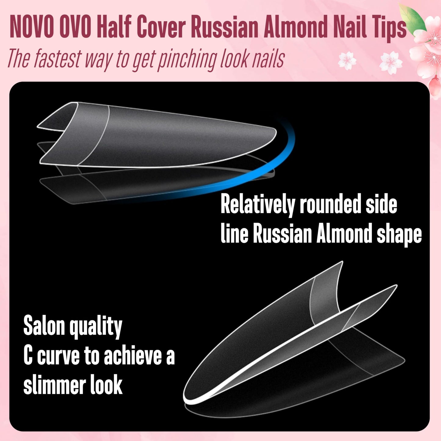 NOVO OVO Nail Tips Russian Almond Round Oval, Soft Gel x Acrylic Half Cover Nail Kit for Russia 3D Sculptured Edge Fake Nails Manicure, Extra Long XL XXL Pre-etched French tip Press on 12 sizes 320pc