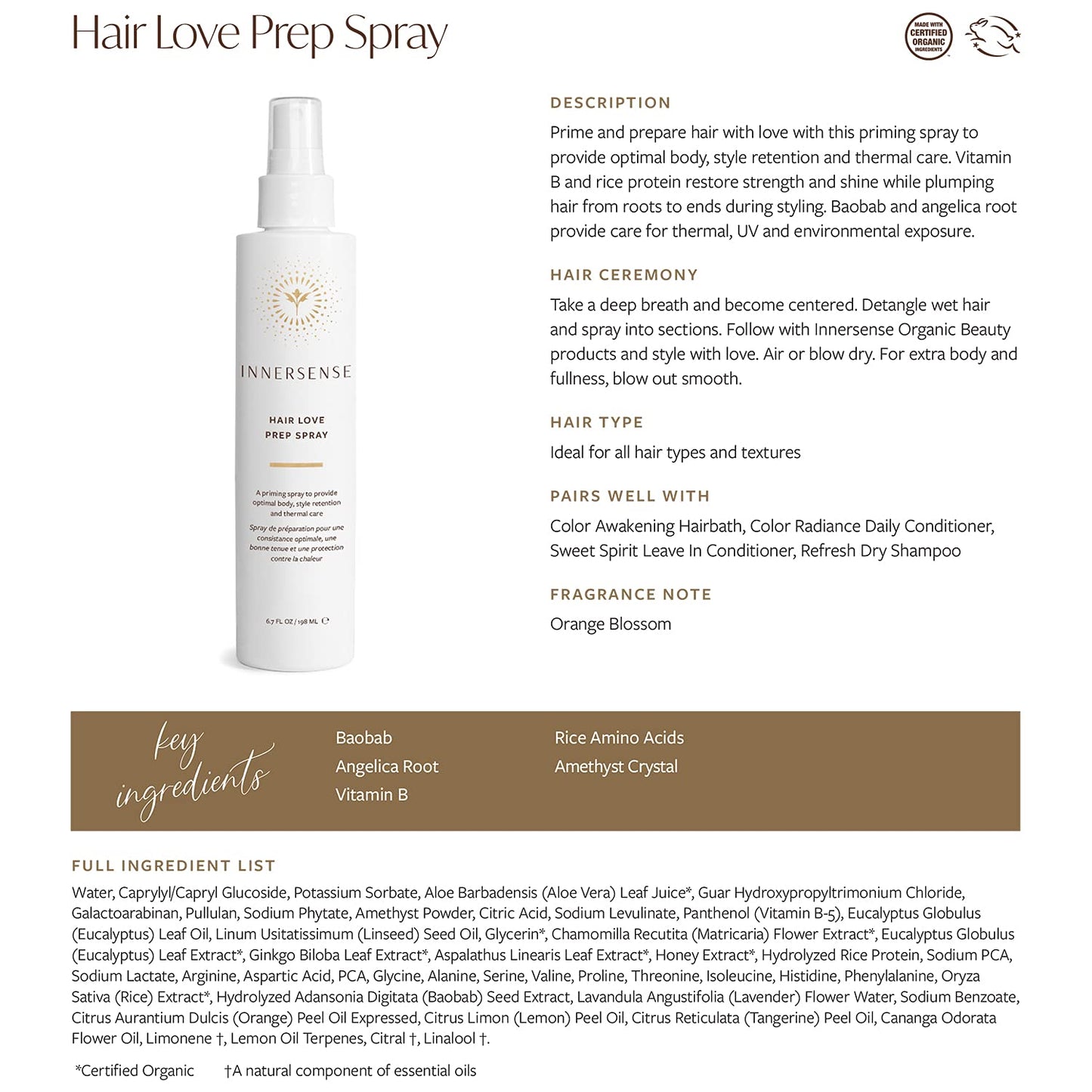 INNERSENSE Organic Beauty - Natural Hair Love Prep Spray For Body, Style Retention + Thermal Care | Non-Toxic, Cruelty-Free, Clean Haircare (Full Size, 6 fl oz | 198 ml)