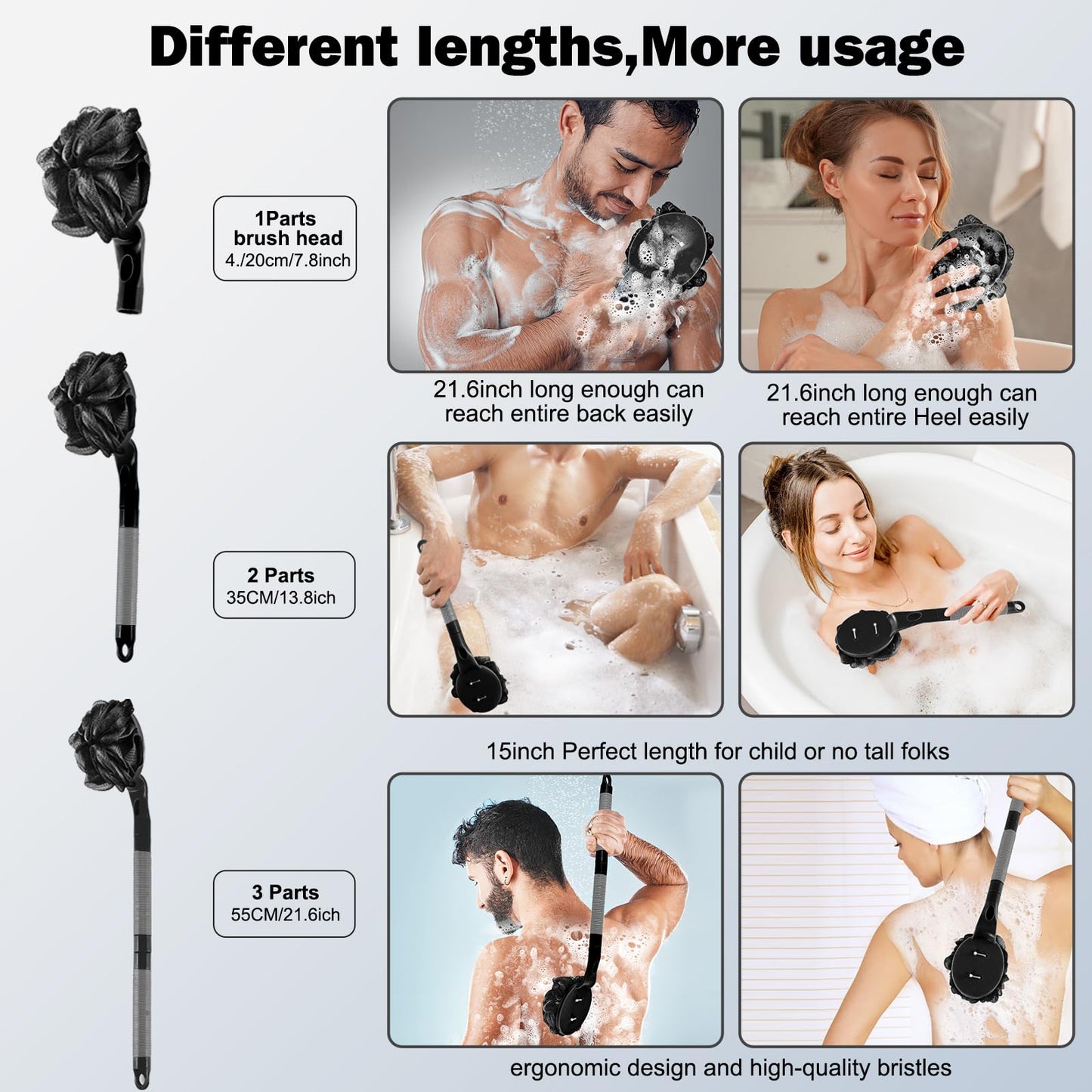 Loofah with Handle, 21.7” Detachable Loofah Back Scrubber, Back Loofah, Exfoliation and Improved Skin Health, Shower Loofah for Shower for Men Women（Black）