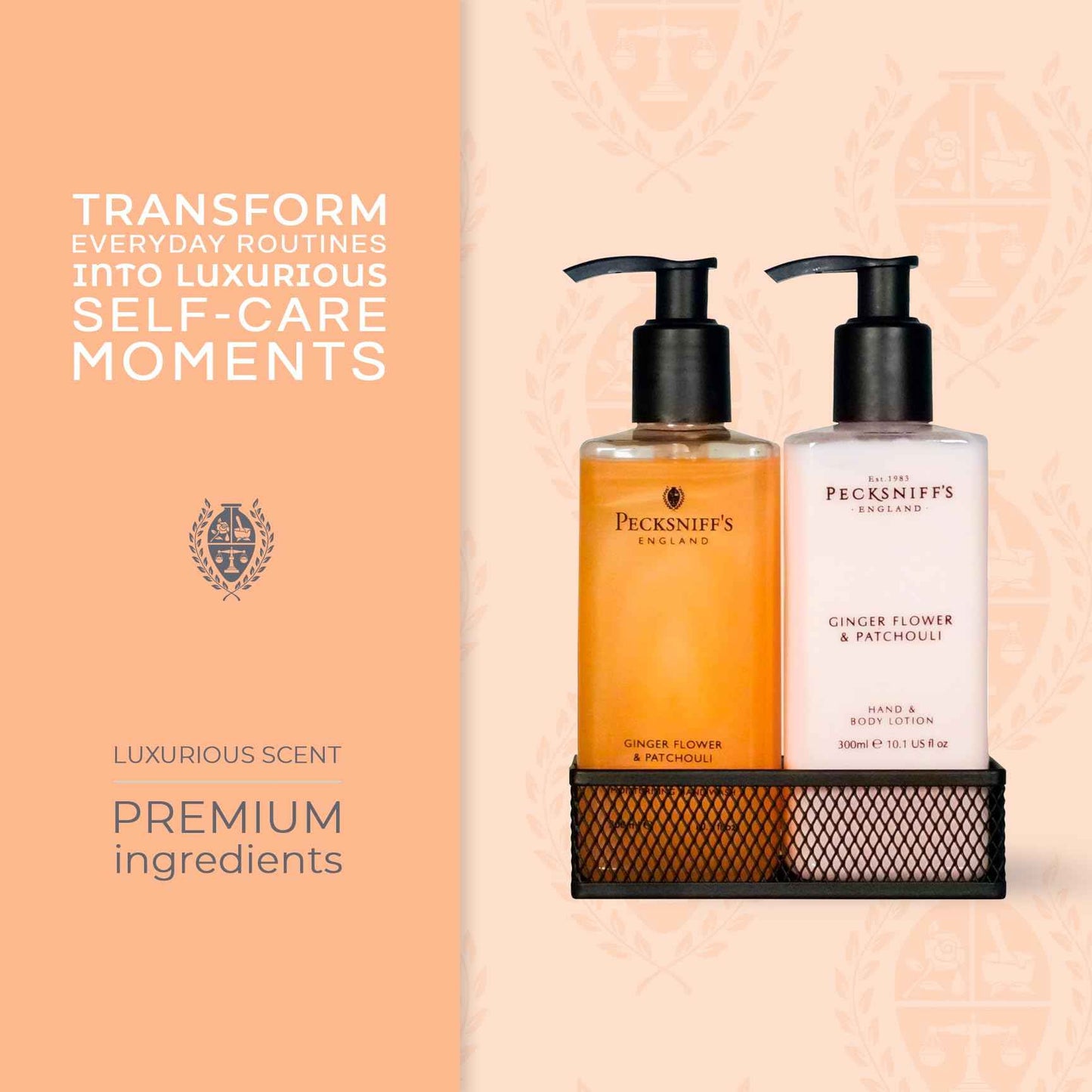 Pecksniffs Luxury Bath Gift Set, Ginger Flower and Patchouli Moisturizing Hand Soap and Body Lotion Set with Caddy, 10.1 Fl Oz