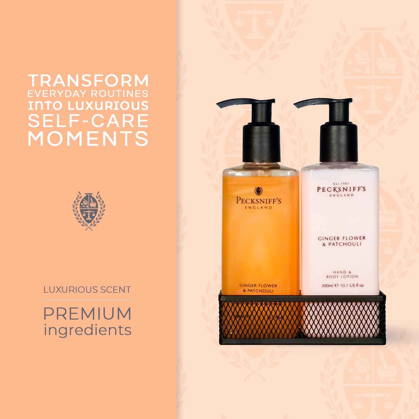 Pecksniffs Luxury Bath Gift Set, Ginger Flower and Patchouli Moisturizing Hand Soap and Body Lotion Set with Caddy, 10.1 Fl Oz