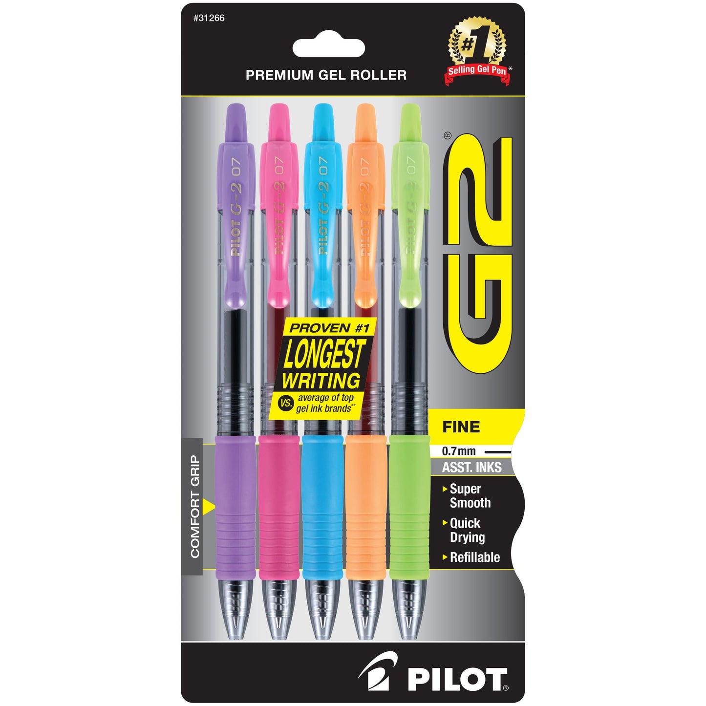 Pilot, G2 Premium Gel Roller Pens, Fine Point 0.7 mm, Assorted Colors, Pack of 5