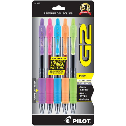 Pilot, G2 Premium Gel Roller Pens, Fine Point 0.7 mm, Assorted Colors, Pack of 5