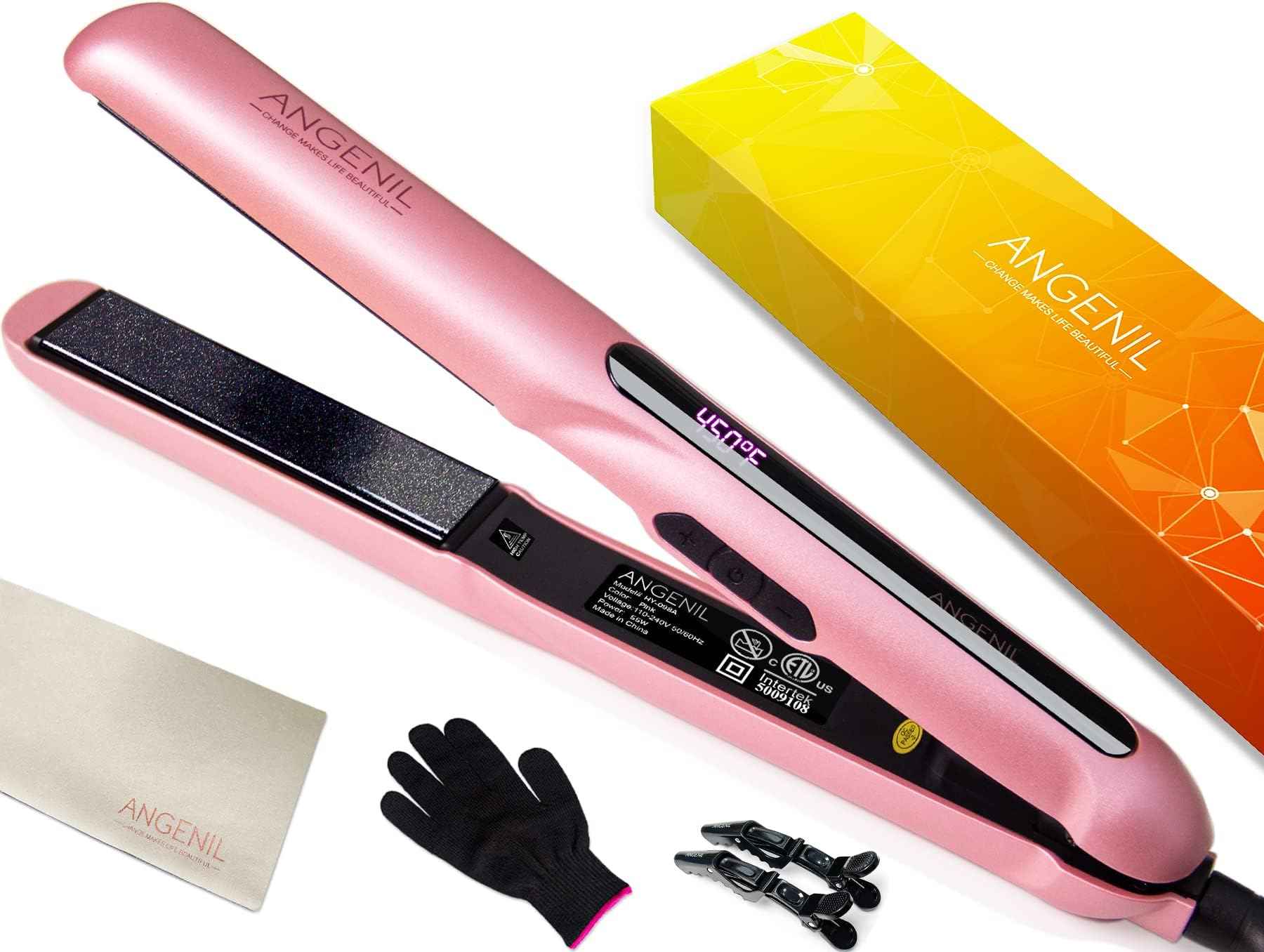ANGENIL Ceramic Flat Iron Hair Straightener - 1inch Straightening and Curler 2 in 1,Professional Hair Iron Flat for Women Shinier&Smoother Hair,LCD Display,30s Fast Heating