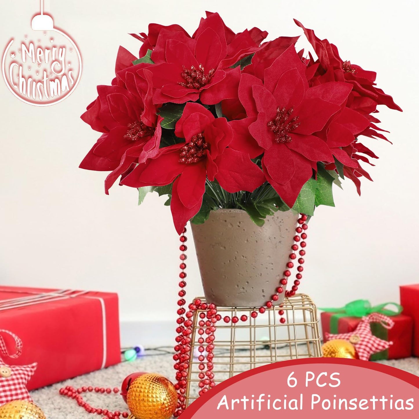 Cekene Christmas Artificial Poinsettia Flowers Decorations, 6 Pack Fake Flowers with Stem Flannel Artificial Red Bouquets Vase Decoration Flowers for Home Wedding Party Table