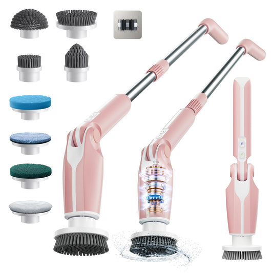 Leebein Electric Spin Scrubber, 2024 New Electric Scrubber with 4 Adjustable Angles and 8 Brush Heads, Shower Scrubber with Long Handle & Remote Control, Cleaning Brush for Bathroom, Tub, Floor (Pink)