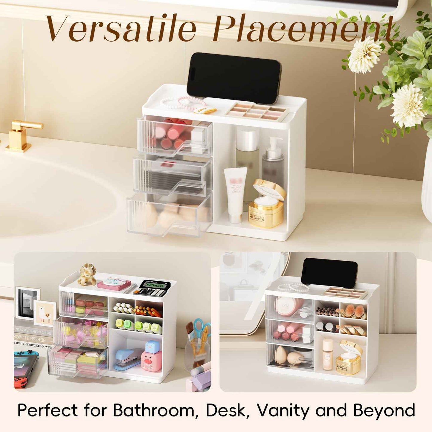 Small Makeup Organizer with Drawers, Stackable Bathroom Couneter Organizer with Phone Holder, Versatile Vanity Organizer Countertop, Cosmetic Organizer for Makeup Brush, Skin Care, Lotion -White,2Pack