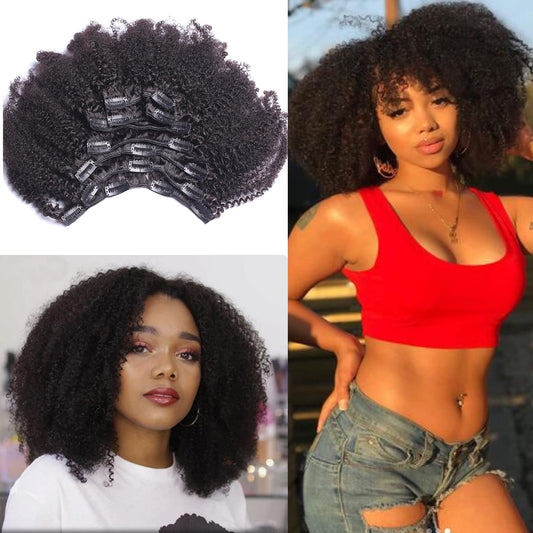 oylove Kabadu Brazilian Afro Kinky Curly Clip In Human Hair For Black Women Hair Extension 8pcs 120g/set 4B 4C Virgin Human Hair Clip Ins for African American Natural Black Color 12 Inch