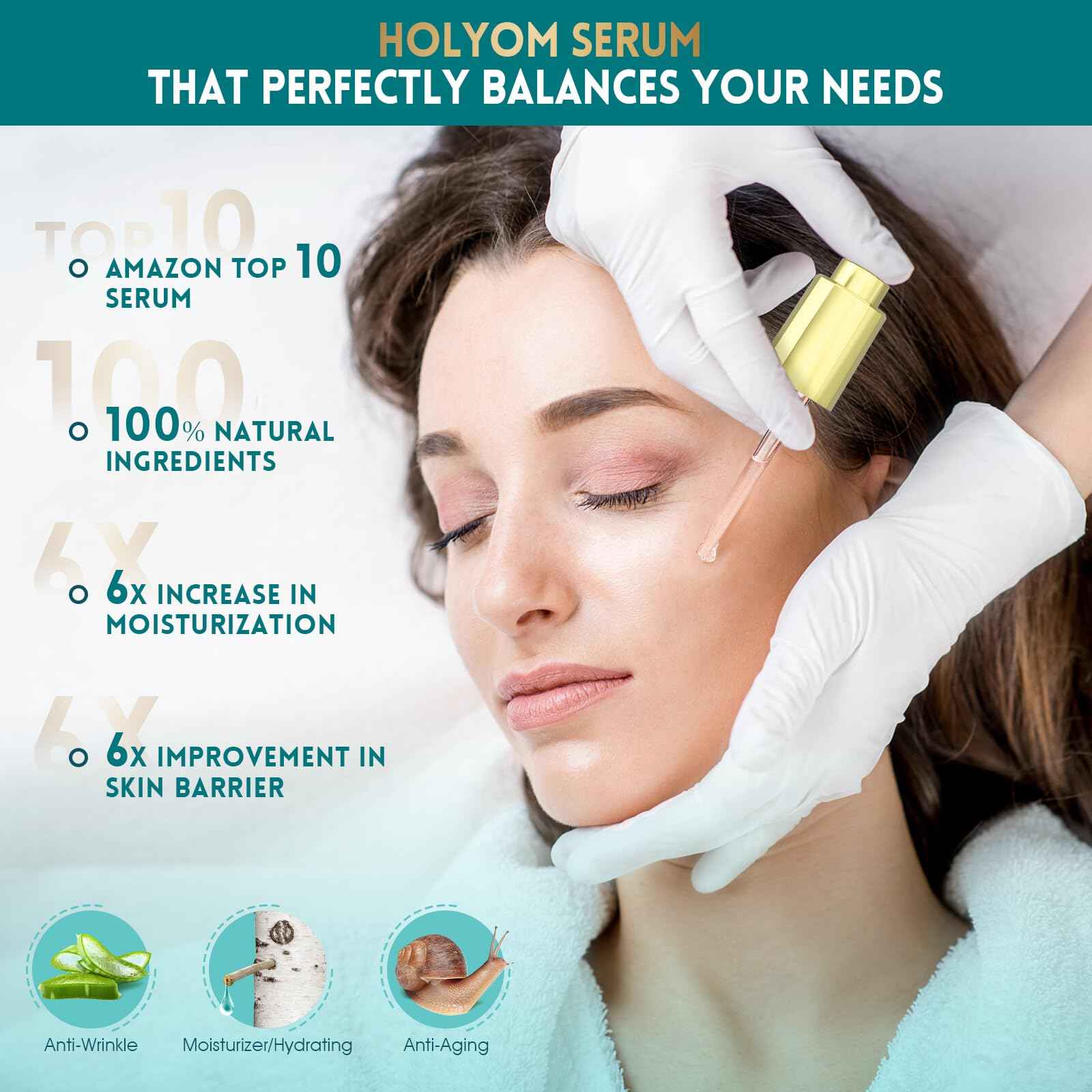 HOLYOM Snail Mucin Face Serum with Hyaluronic Acid – Anti-Aging Facial Serum for Fine Lines, Wrinkles & Dull Skin – Hydrating & Firming Essence for All Skin Types, 1.18 fl oz