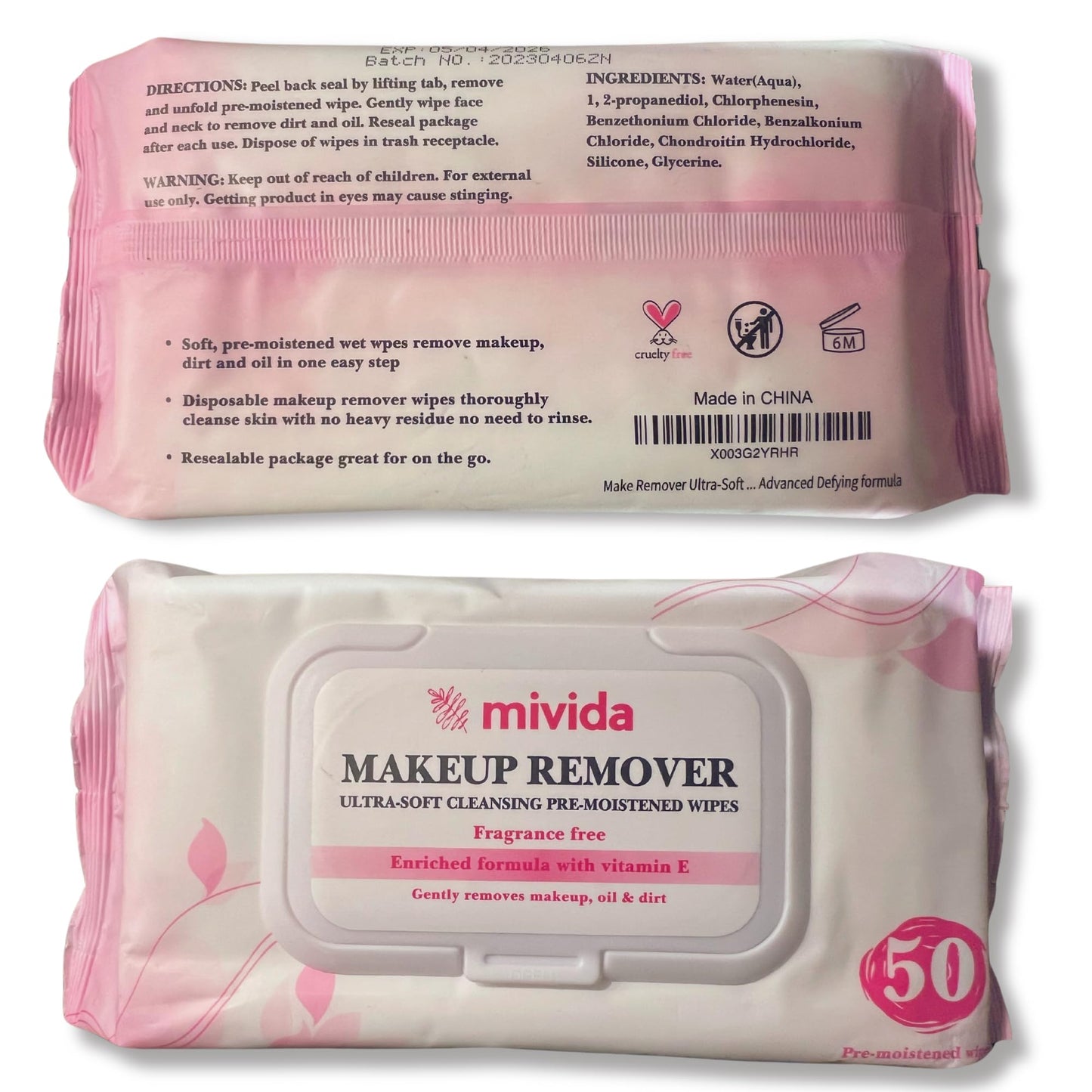 mivida Hypoallergnic Makeup Remover Wipes with Vitamin E | Bulk 4 Pack 50 count each | Alcohol Free and Fragrance Free makeup wipes | Best for Senstive Skin and All Skin types | Total 200 Wipes