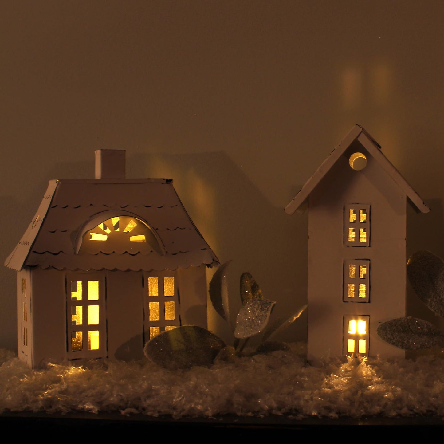 AuldHome Farmhouse Decor Tin Houses (Set of 3, White); Candle Lantern Decorative Holiday Christmas Village Display or Votive Holder