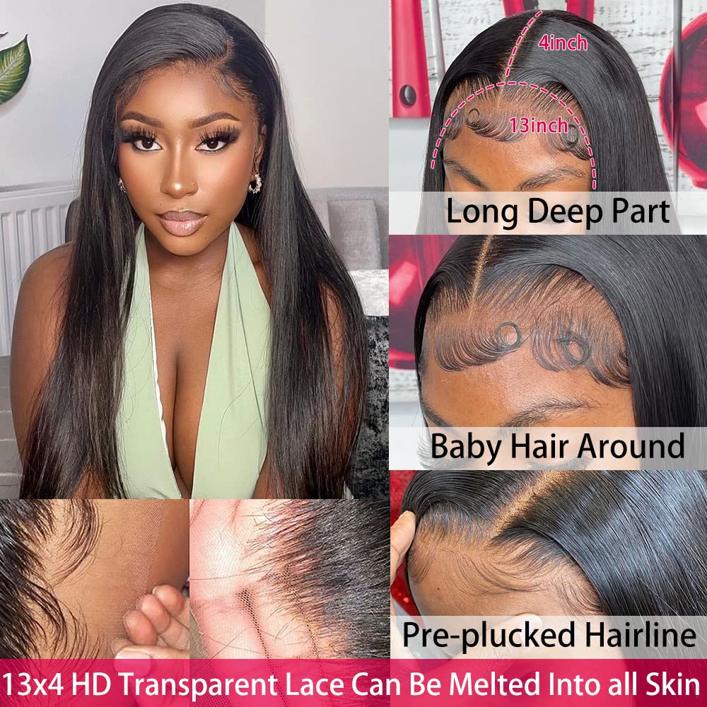 mengkai 30 Inch Straight Lace Front Wigs Human Hair Pre Plucked Bleached Knots 13x4 HD Lace Front Wigs Human Hair 180% Density Lace Frontal Wigs Human Hair with Baby Hair Hairline Glueless Wigs