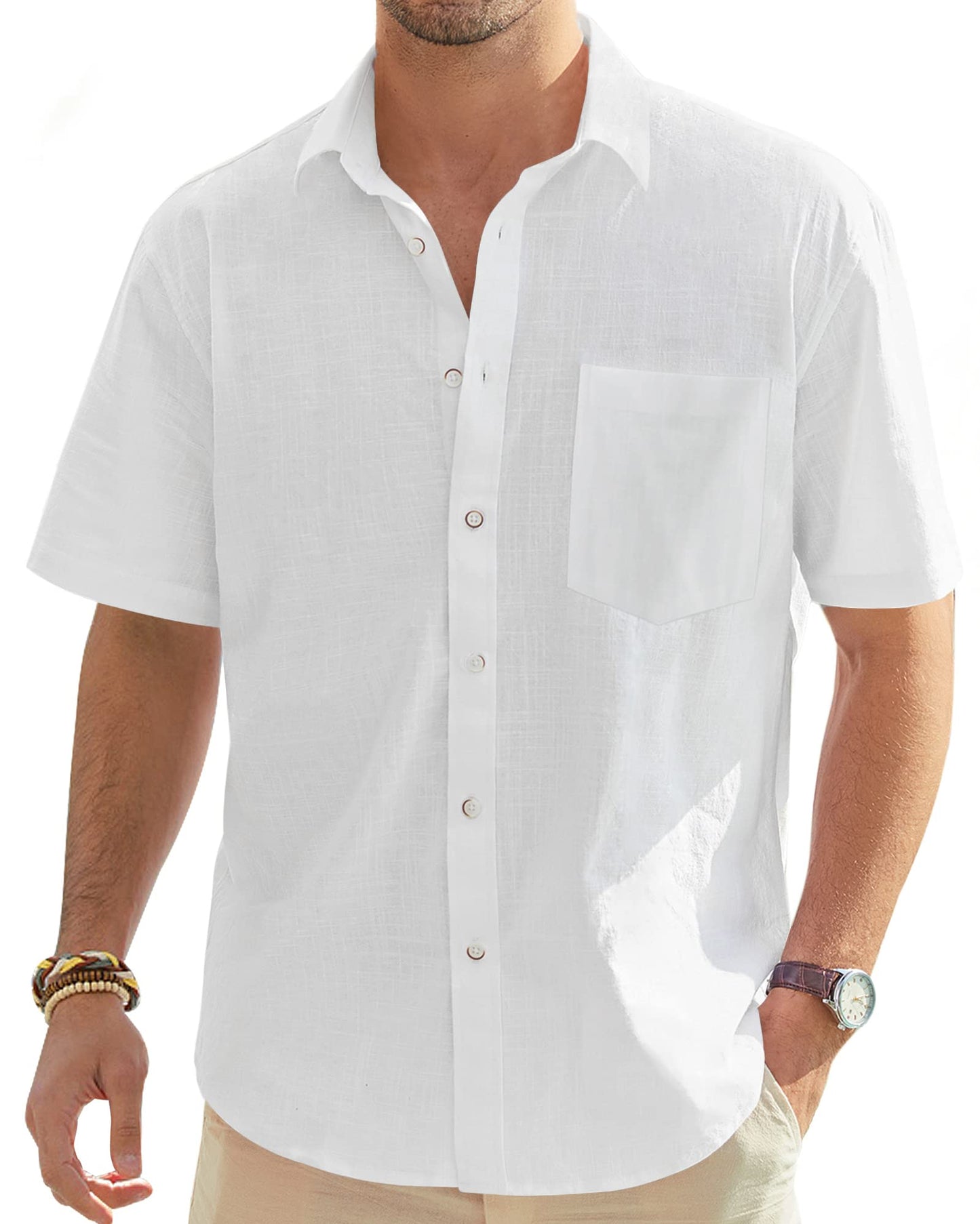 J.VER Men's Short Sleeve Linen Button Down Shirts Casual Beach Wedding Shirt with Pocket White Small