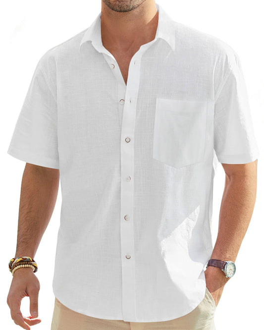 J.VER Men's Short Sleeve Linen Button Down Shirts Casual Beach Wedding Shirt with Pocket White Small