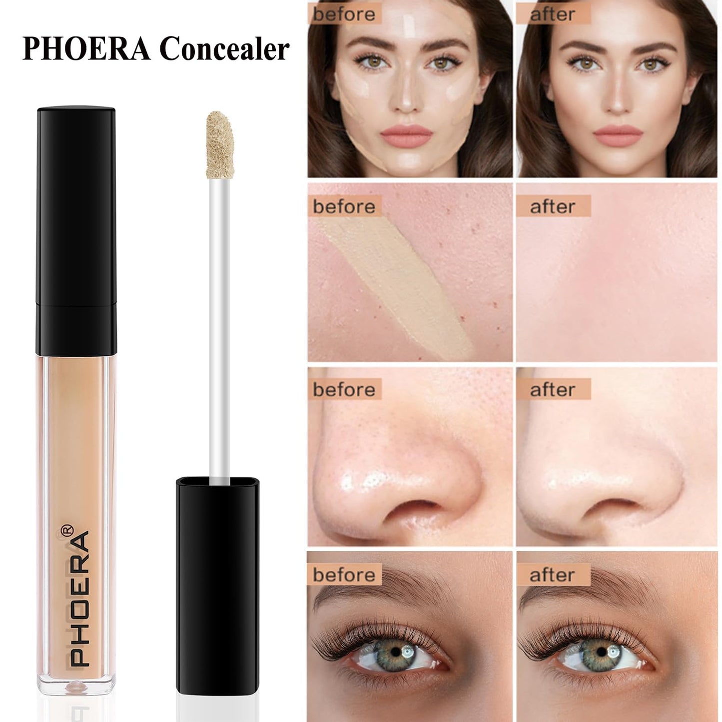 PHOERA Foundation, PHOERA Contour Palette,Shades with Highlighter & Bronzer & Blush,Up to 24 Hour Fresh Wear,PHOERA Concealer Primer Powder (102+104+ #002 Contour/Nude+Buff Beige+#002)