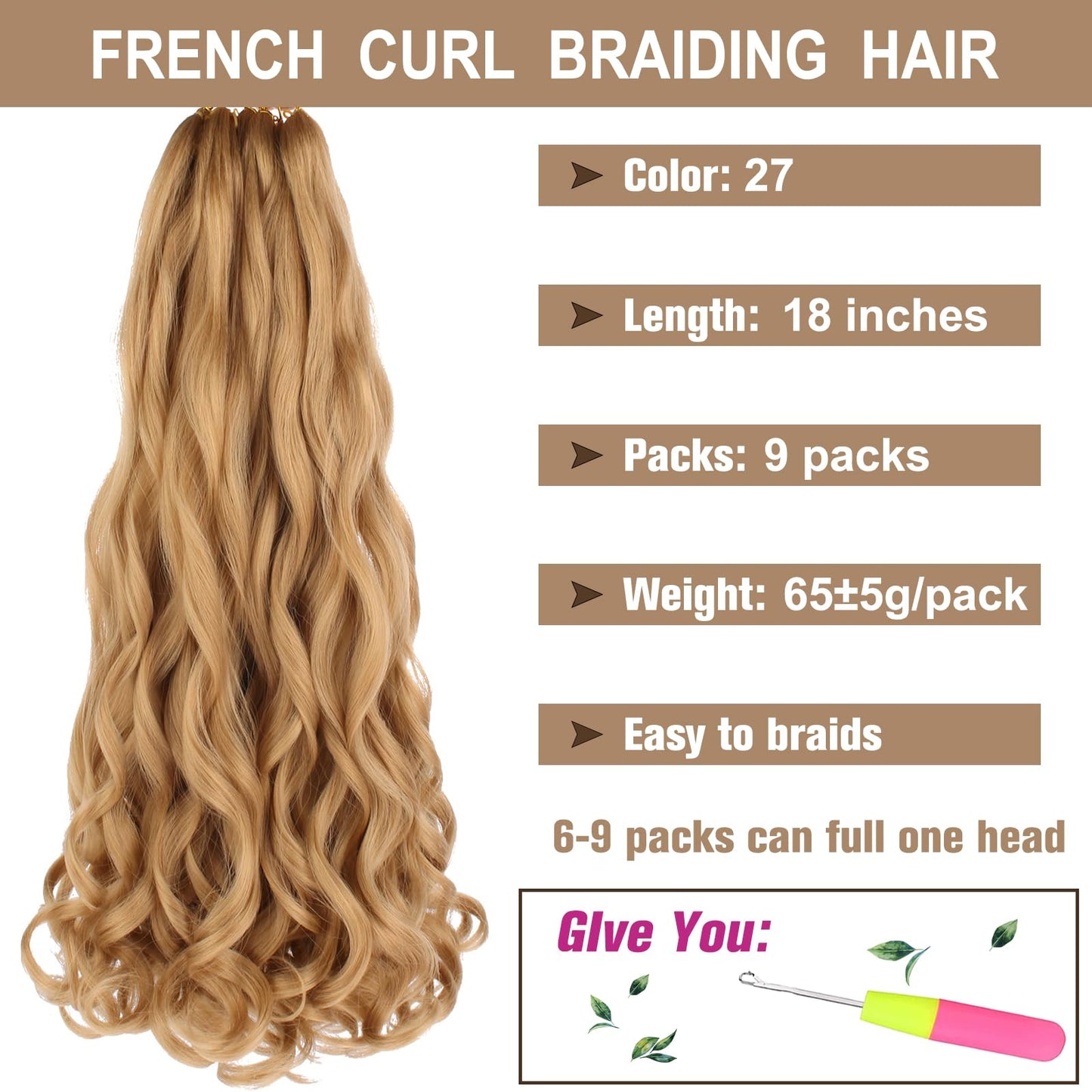 COOKOO 18 Inch Pre Stretched Bouncy Braiding Hair 9PCS Premium Honey Golden French Curl Braids Hair 65g/pack Loose Wave Spiral Curl Braids with Curly Ends for Black Women 27#