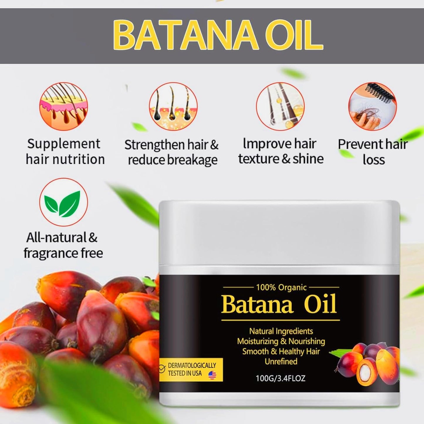 Raw Batana Oil for Hair Growth，100% Natural Hair Growth Oil Promotes Hair Thickness, Strengthening, Batana Prevents Hair Loss epairs damaged Hair Mask hair Scalp Care for Men & Women 3.4 OZ 100G