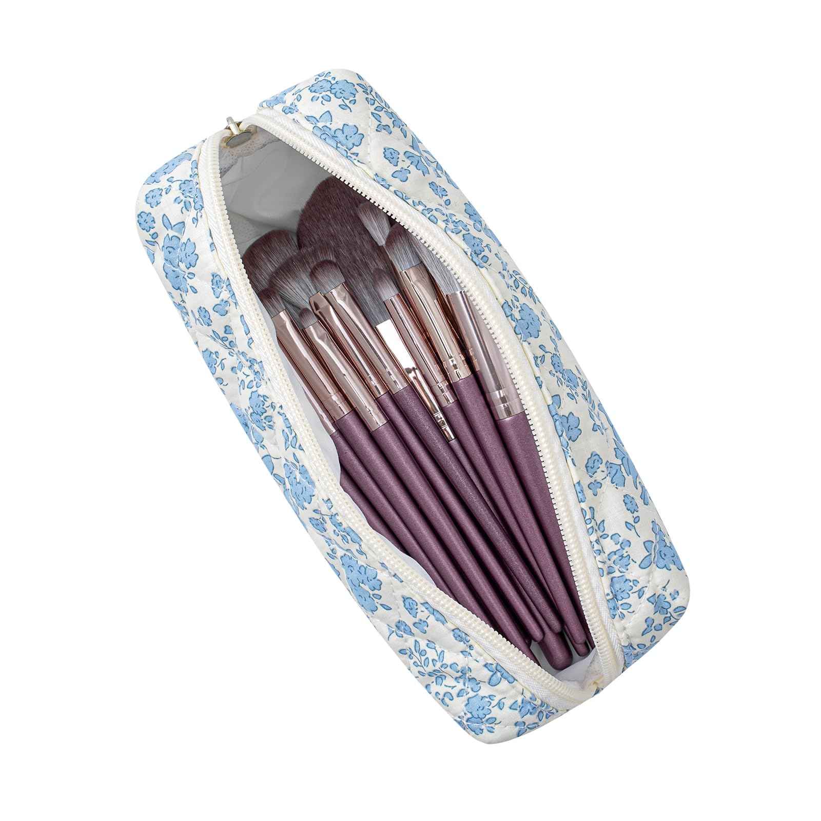 JOVAKIT Small Quilted Makeup Bag Cosmetic Bag for Women, Floral Coquette Cotton Square Travel Makeup Case Zipper Make Up Pouch, Kawaii Travel Storage Organizer Case (Blue Floral)