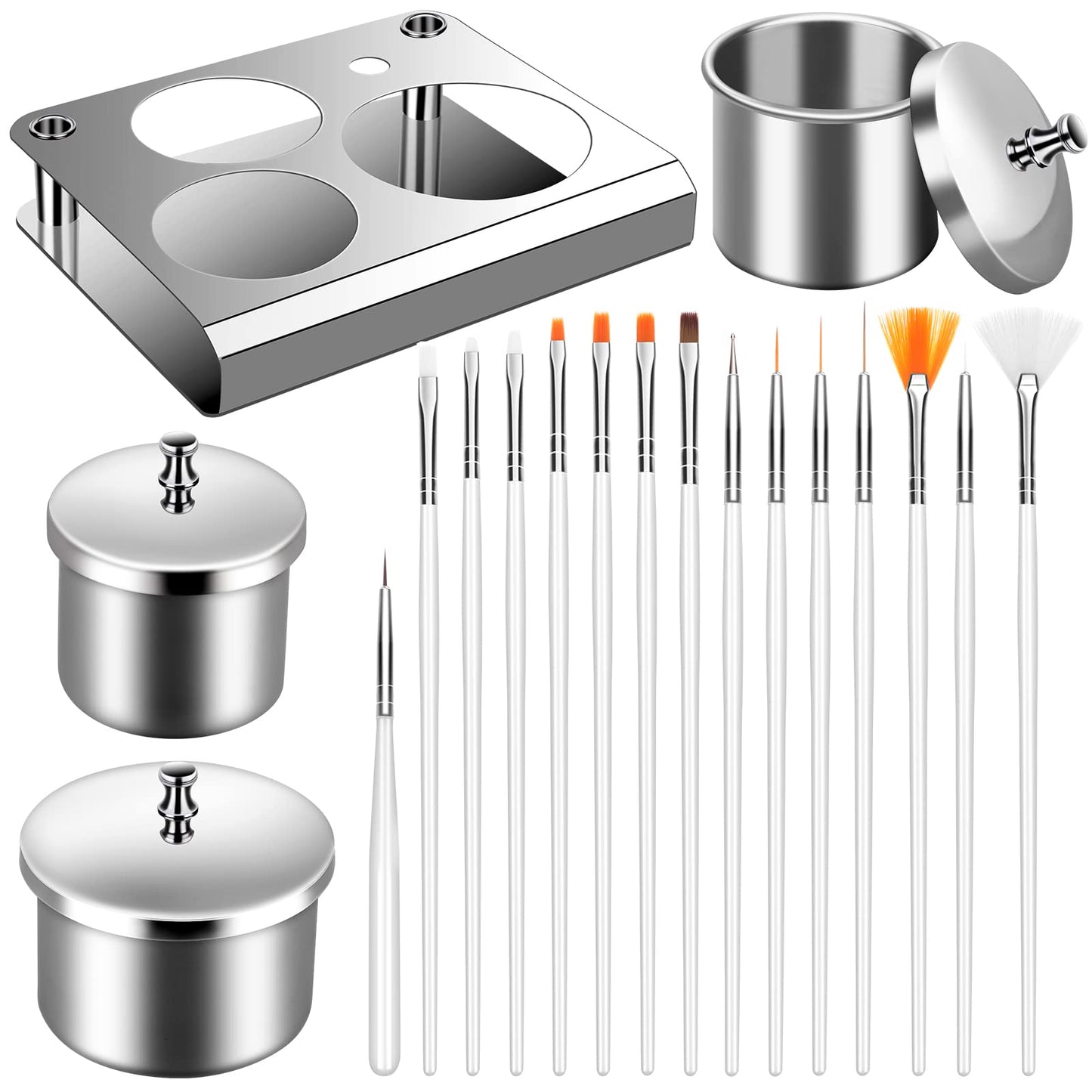 PIAOPIAONIU 18 Pieces Nail Art Equipment Set,3 Pcs Nail Art Equipment Cup Bowls Stainless Steel Acrylic Liquid Powder Cup Nail Powder Holder with Lids and 15 Pcs Nail Art Brushes for Nail Art Tools