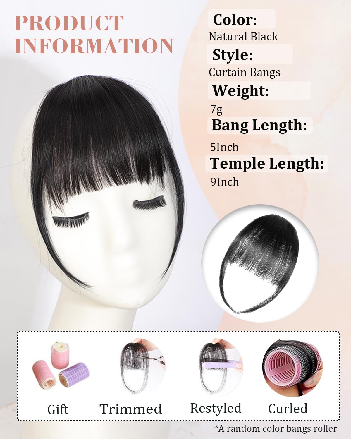 Rosooi Curtain Bangs Human Hair Clip in Bangs for Women Natural Black Color Fake Air Bangs for Daily Wear Hair Clip Bangs