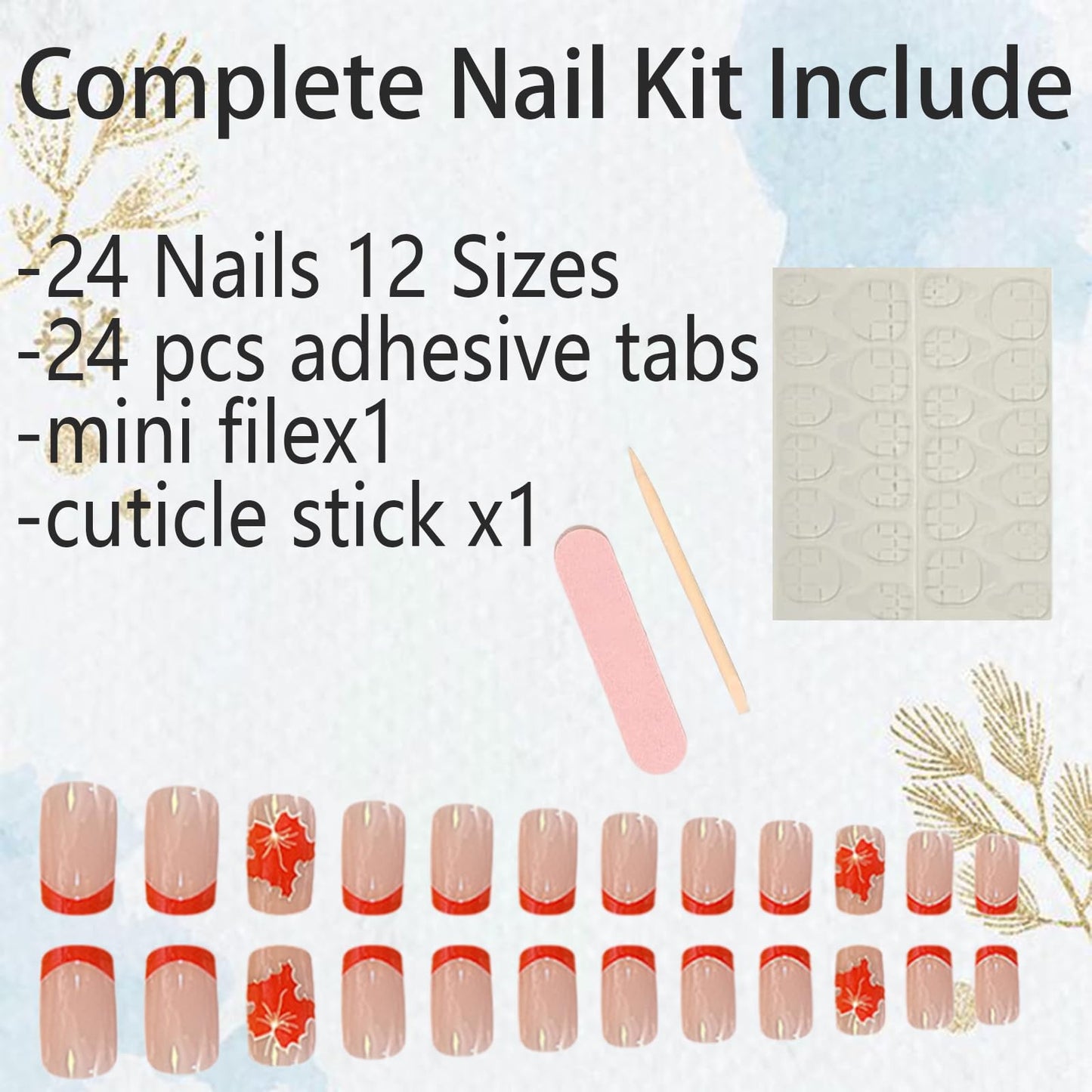 24PCS Fall Maple Leaf Press on Nails Thanksgiving Fake Nails French Tip Glue on Nails Short Square False Nails Full Cover Orange Maple Leaves Stick on Nails Glossy Artificial Nails for Women Girls