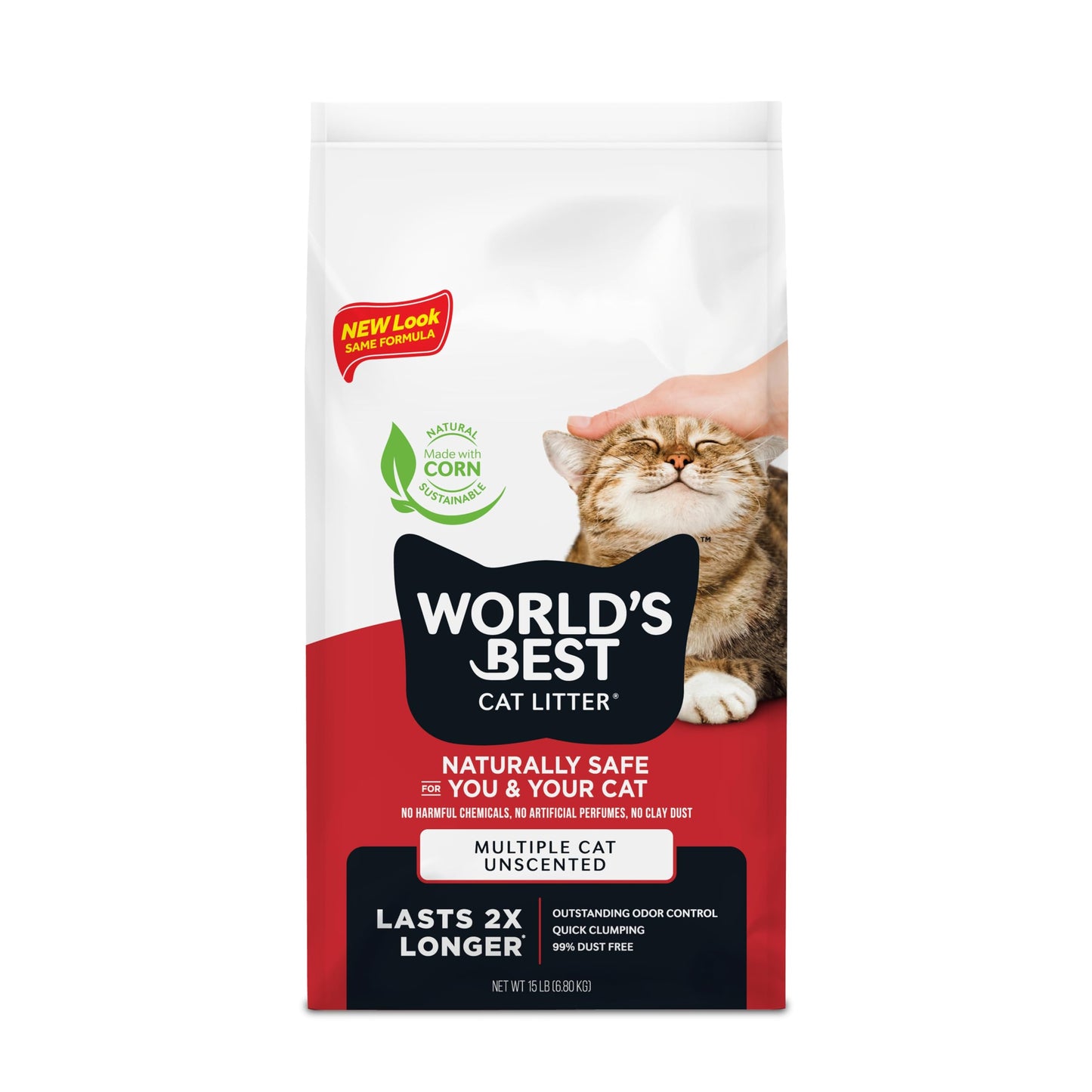 World's Best Cat Litter Multiple Cat Unscented, 15-lbs - Natural Corn, Quick Clumping, Flushable, 99% Dust-Free & Made in USA - Long-lasting Odor Control