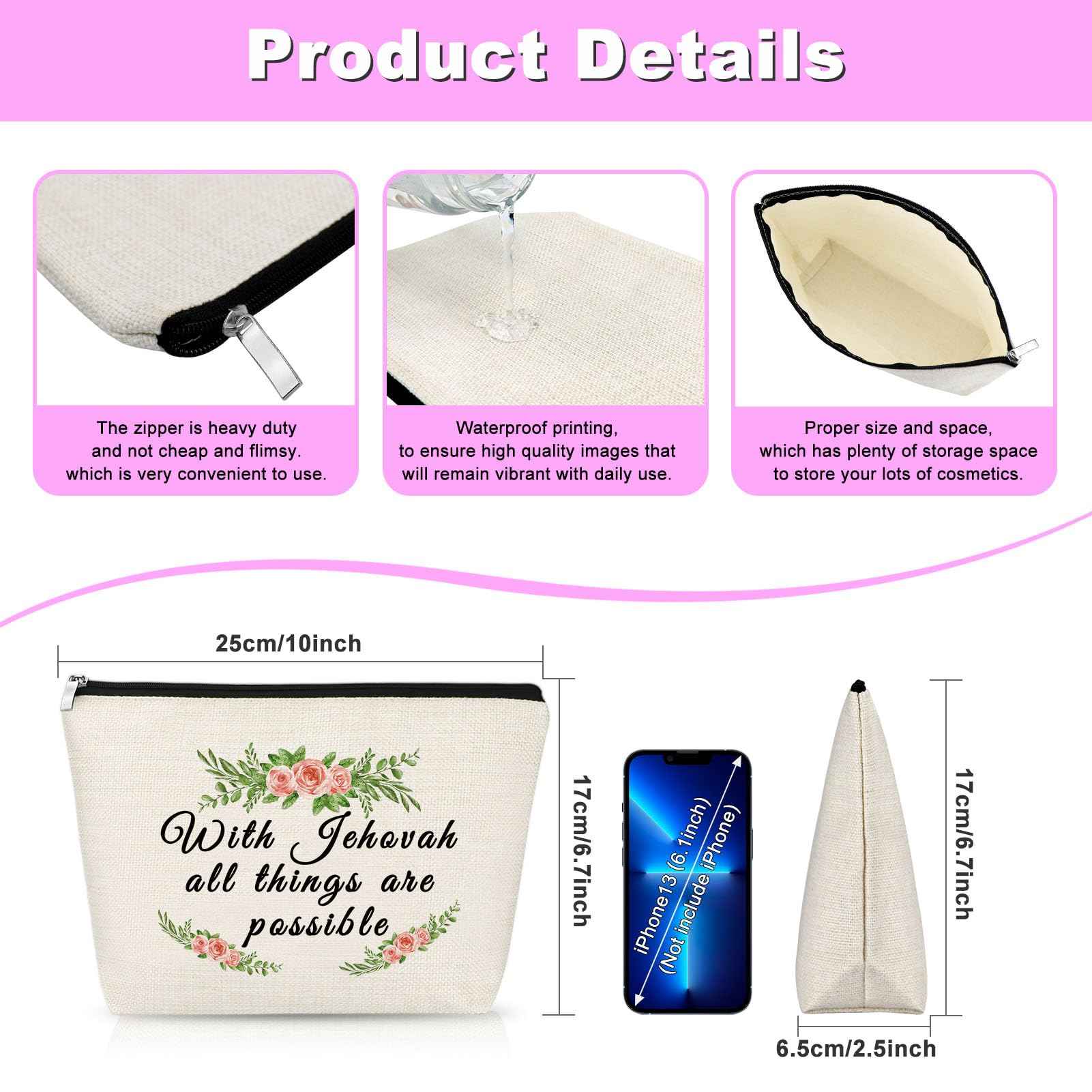 Christian Gift Baptism Gift for Women Jehovah Makeup Bag for Her Motivational Saying Cosmetic Bag Jehovah Witness Present Religious Birthday Easter Present for Friends Wife Sister Zipper Travel Pouch