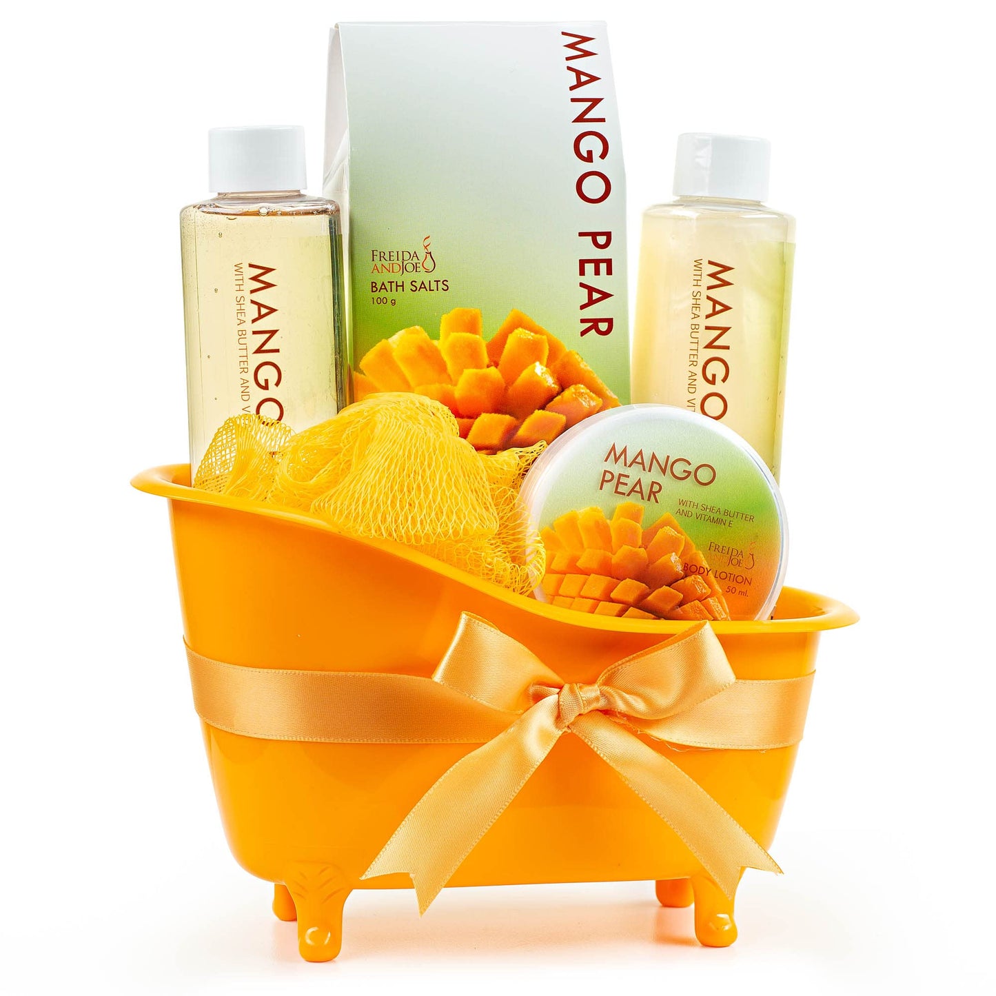 Freida and Joe Tropical Mango Pear Fragrance Spa Set for Women - Bath & Body Set in Stylish Orange Tub - Gift Ready with Shower Gel, Body Lotion, Bubble Bath, Bath Salts, and Bath Puff