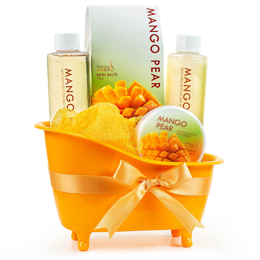 Freida and Joe Tropical Mango Pear Fragrance Spa Set for Women - Bath & Body Set in Stylish Orange Tub - Gift Ready with Shower Gel, Body Lotion, Bubble Bath, Bath Salts, and Bath Puff