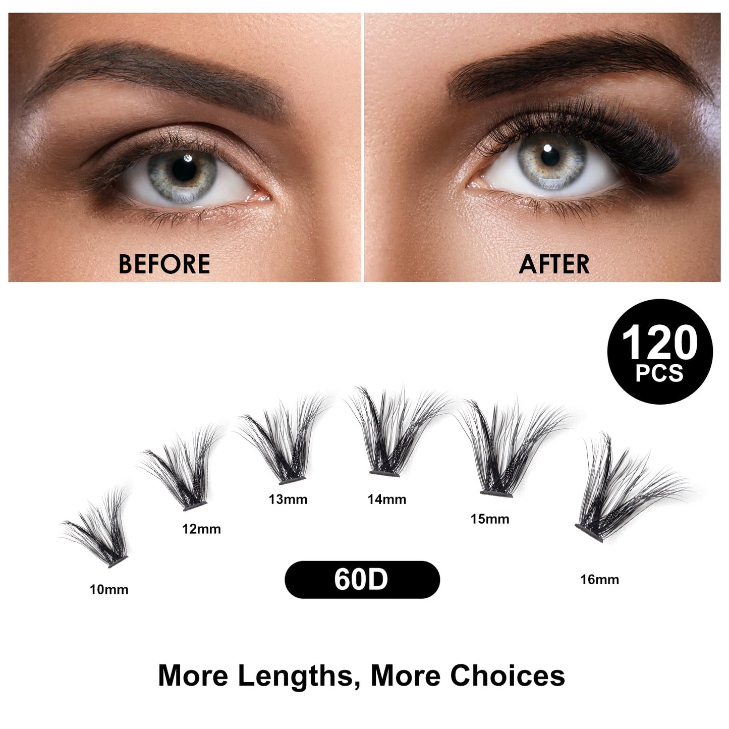 Lashes Cluster 120pcs Individual Lashes Clusters Eyelash Extensions 60D False Eyelashes DIY Wispy Fluffy Lash Extensions Reusable False Eyelashes Natural Look Mix 10-16mm C D Curl-(60D-0.07D)