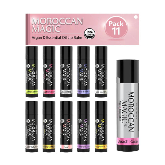 Moroccan Magic Organic Lip Balm & SPF15: 11 Piece Variety Pack Gift Set | Organic Argan and Essential Oils | Smooth | Natural | Non-Toxic | Cruelty Free | 11 Pack