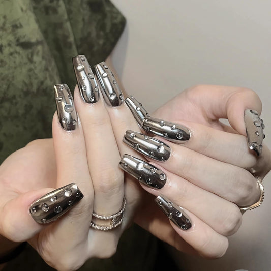 MISUD Press on Nails Long Coffin Fake Nails Glossy Glue on Nails Bling Silver Chrome Acrylic Nails Ballerina Artificial Nails Rhinestone Stick on False Nails with Design 24 pcs