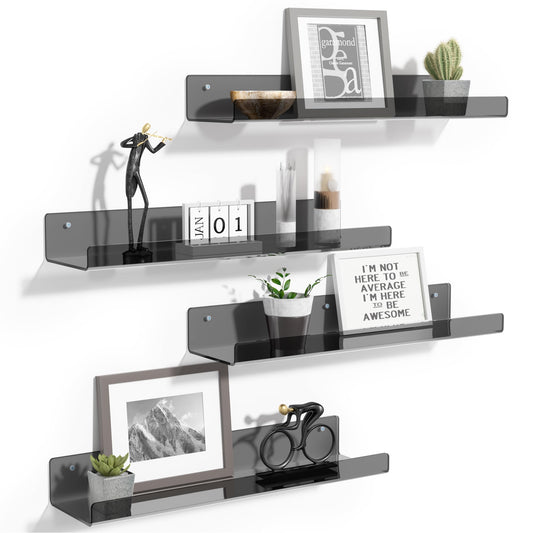 upsimples 4 Pack Acrylic Shelves for Wall Storage, 15" Floating Bookshelves for Kids, Display Shelf Organizer for Bathroom, Bedroom, Living Room, Kitchen, Room Decor, Clear Black