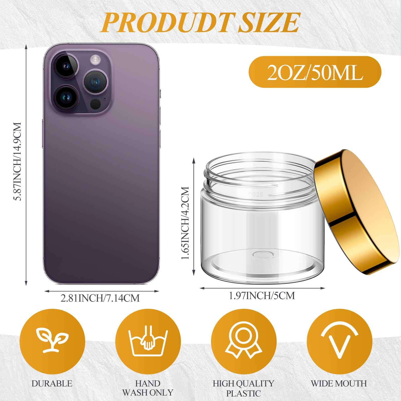 Patelai 60 Pcs Plastic Container Jars with Lids Round Clear Travel Cosmetic Container Jars for Toiletries, Lotion, Cream, Ointments, Makeup, Rhinestone, Samples, Kitchen Storage(Gold,2 oz)